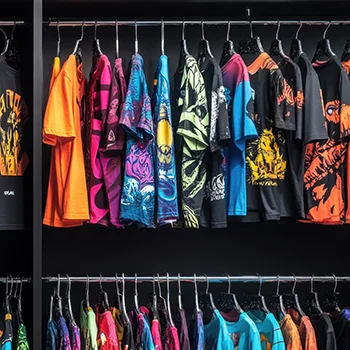 Rack of Colourful Sublimated T-shirts