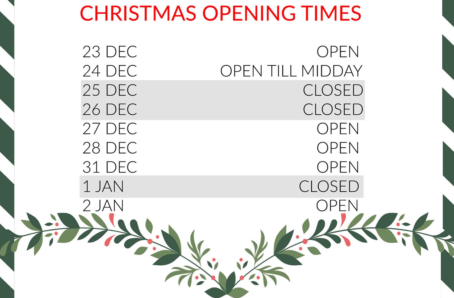 Christmas Opening Times...